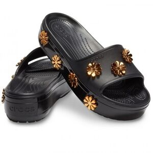 Black croc platform gold metallic bloom slides